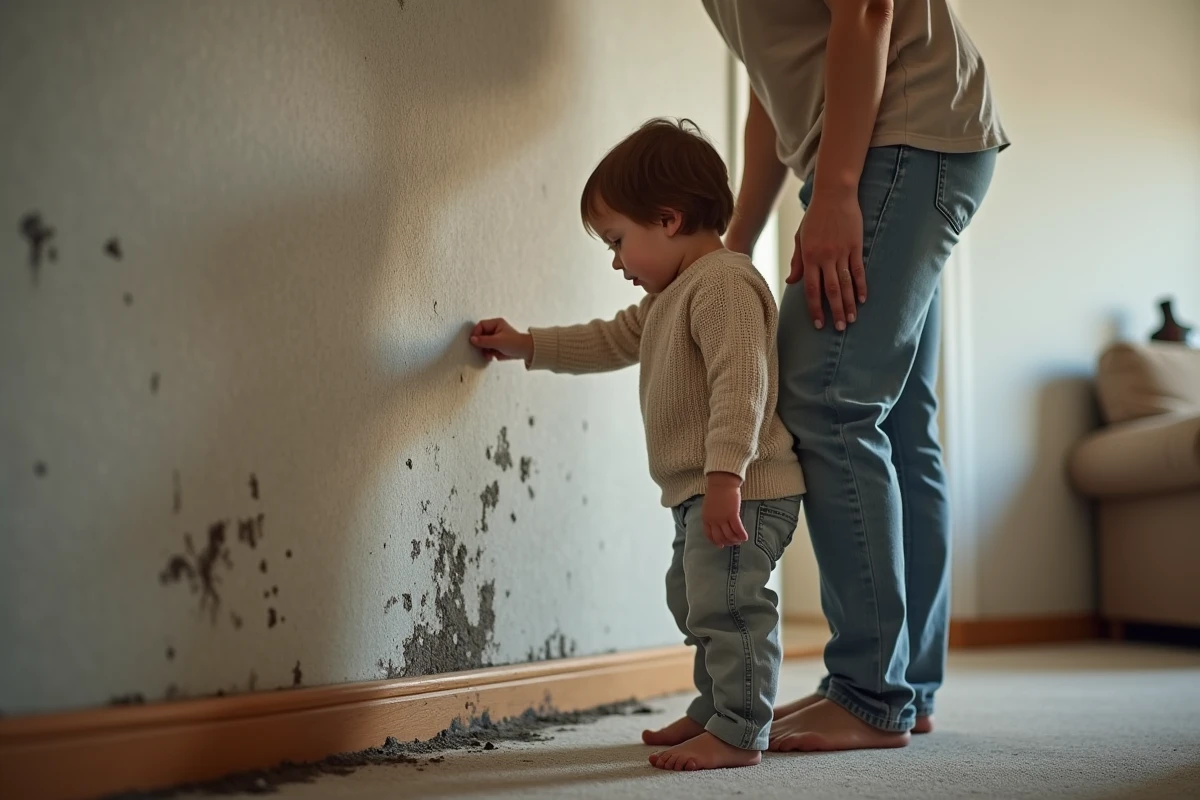 Maman examine un mur avec moisissure et son enfant