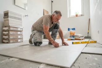 Carreleur professionnel posant des carreaux dans une salle de bain en rénovation dans l'Hérault