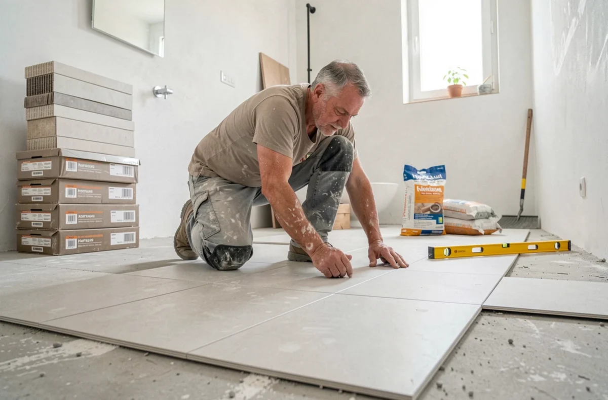 Carreleur professionnel posant des carreaux dans une salle de bain en rénovation dans l'Hérault