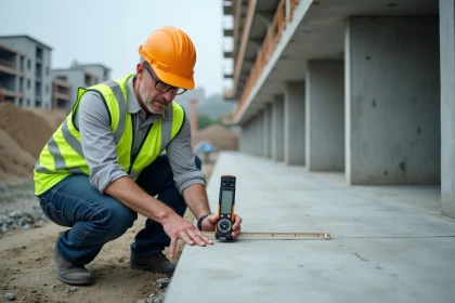 Ingénieur civil mesurant l'angle de pente d'une rampe en béton avec un inclinomètre numérique sur un chantier