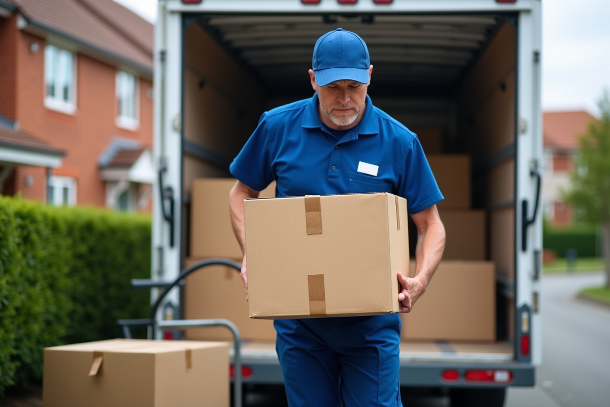 Monteur professionnel chargeant un carton dans une camionnette