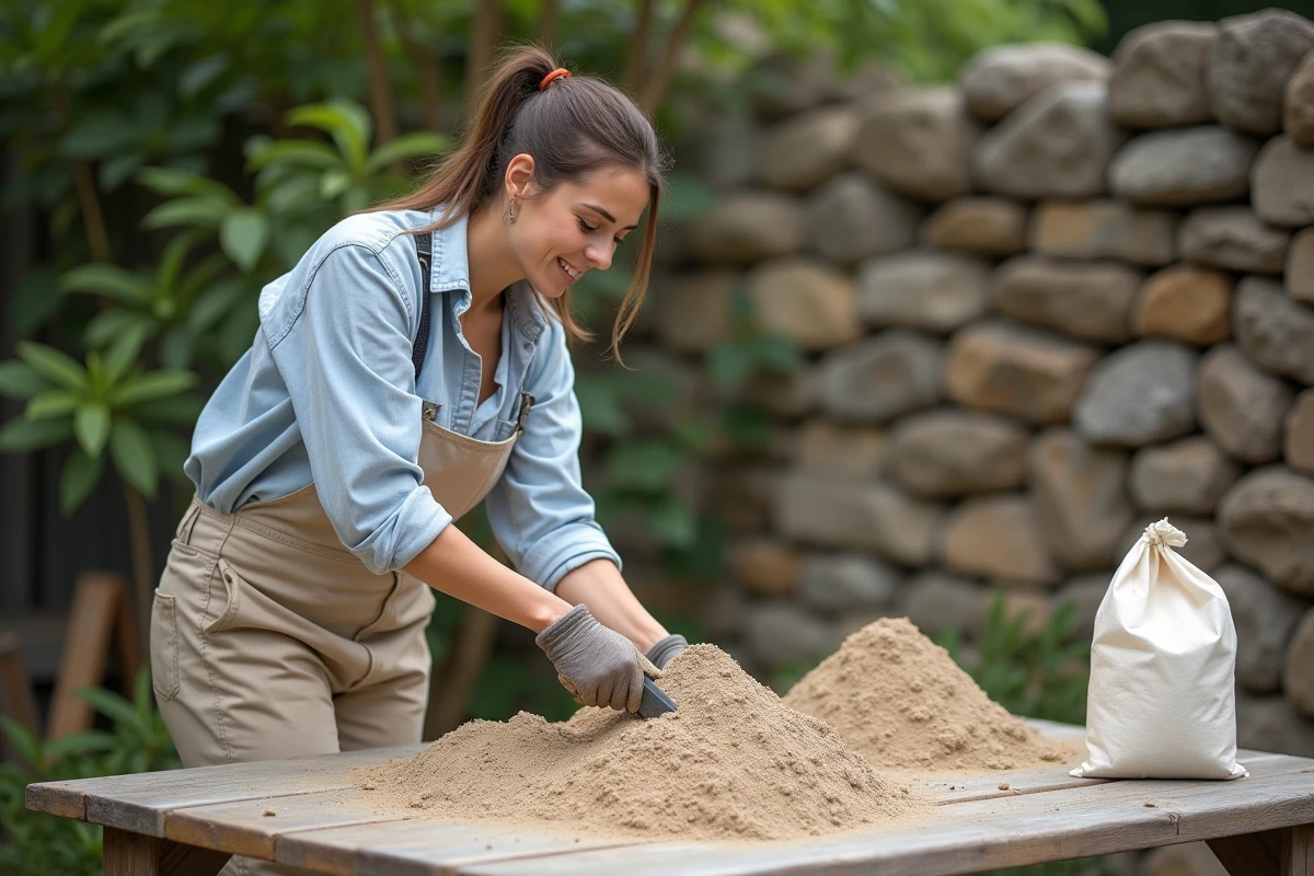 Femme préparant un mortier maison avec sable, ciment et chaux sur un établi extérieur