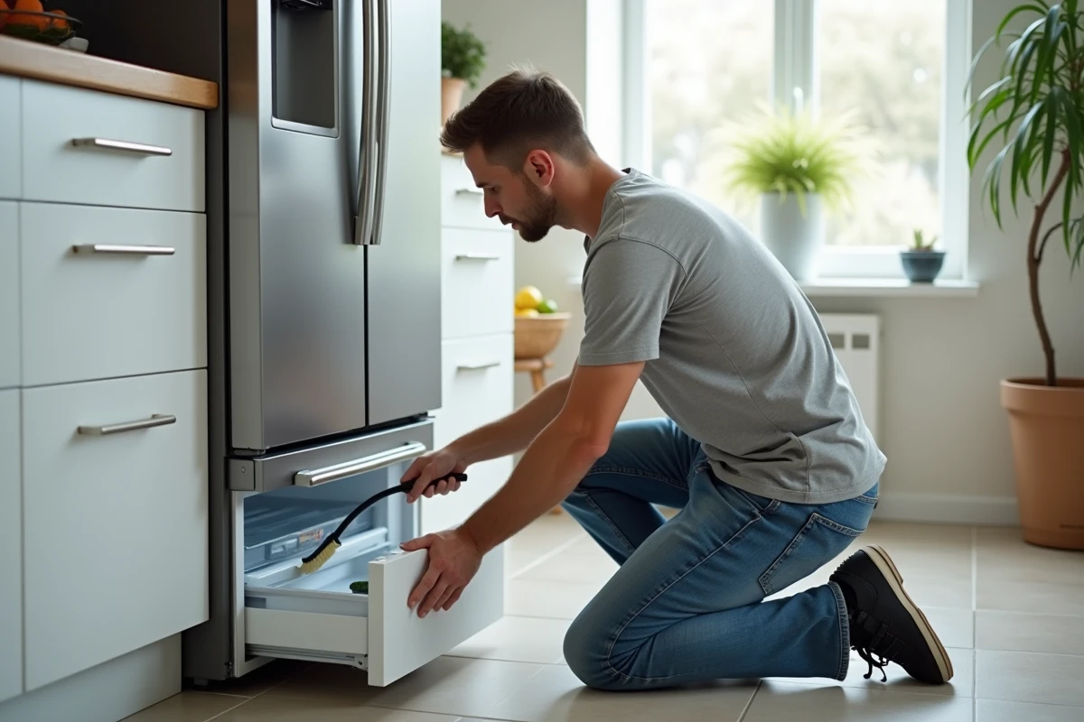 Homme nettoyant le drainage du frigo dans la cuisine
