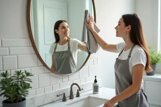 Femme nettoyant un miroir de salle de bain avec un chiffon microfibre et un produit naturel fait maison