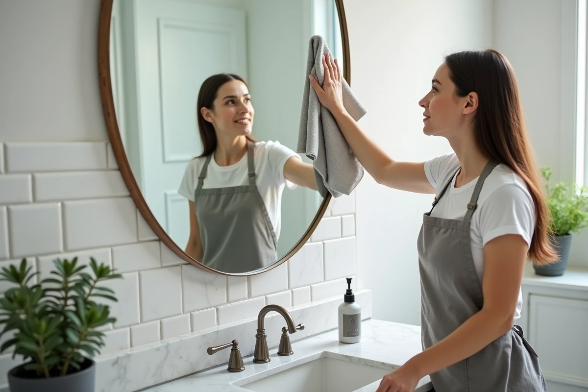 Femme nettoyant un miroir de salle de bain avec un chiffon microfibre et un produit naturel fait maison