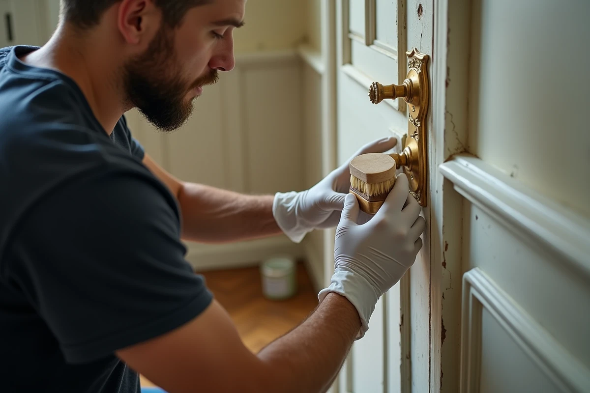 Homme appliquant une pâte à polir sur une poignée de porte en laiton ancien avec un pinceau