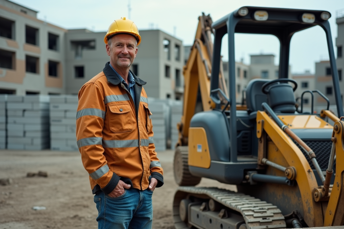 Homme opérateur inspectant une excavatrice sur un chantier