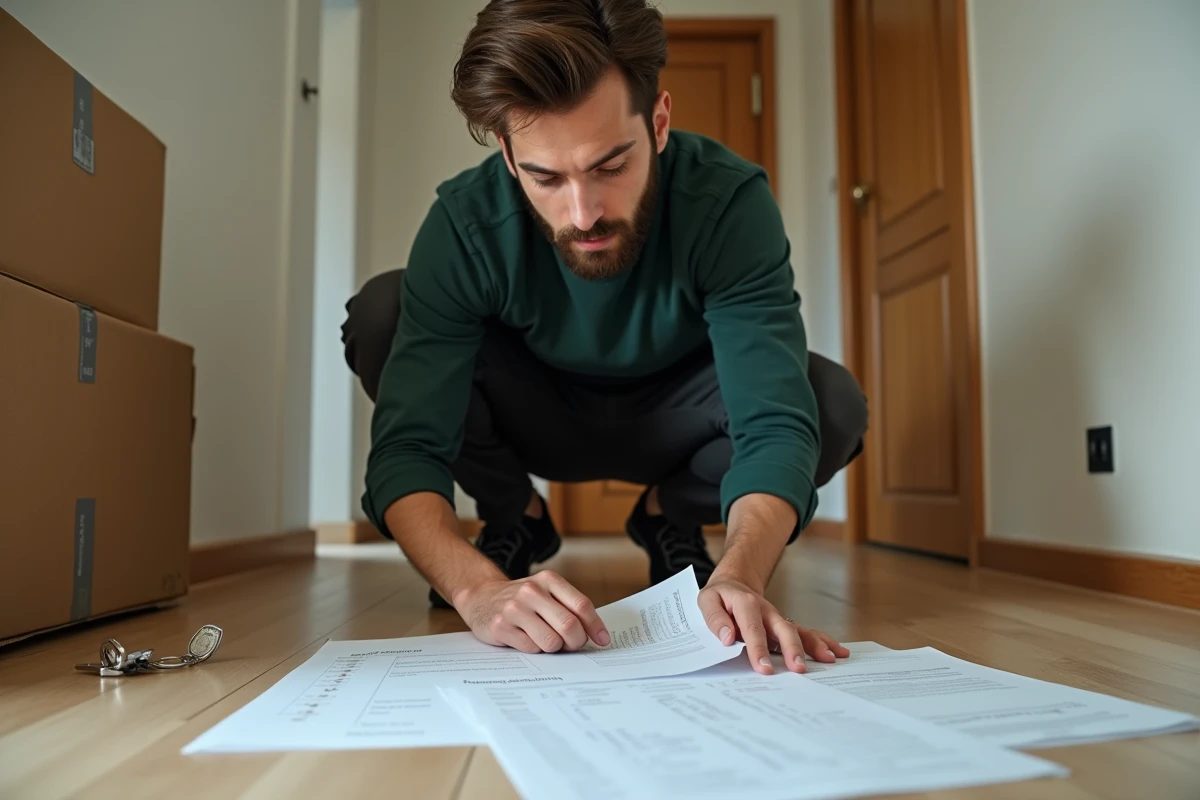 Homme organisant des documents administratifs de location et une checklist d'emménagement sur le sol d'un couloir d'appartement