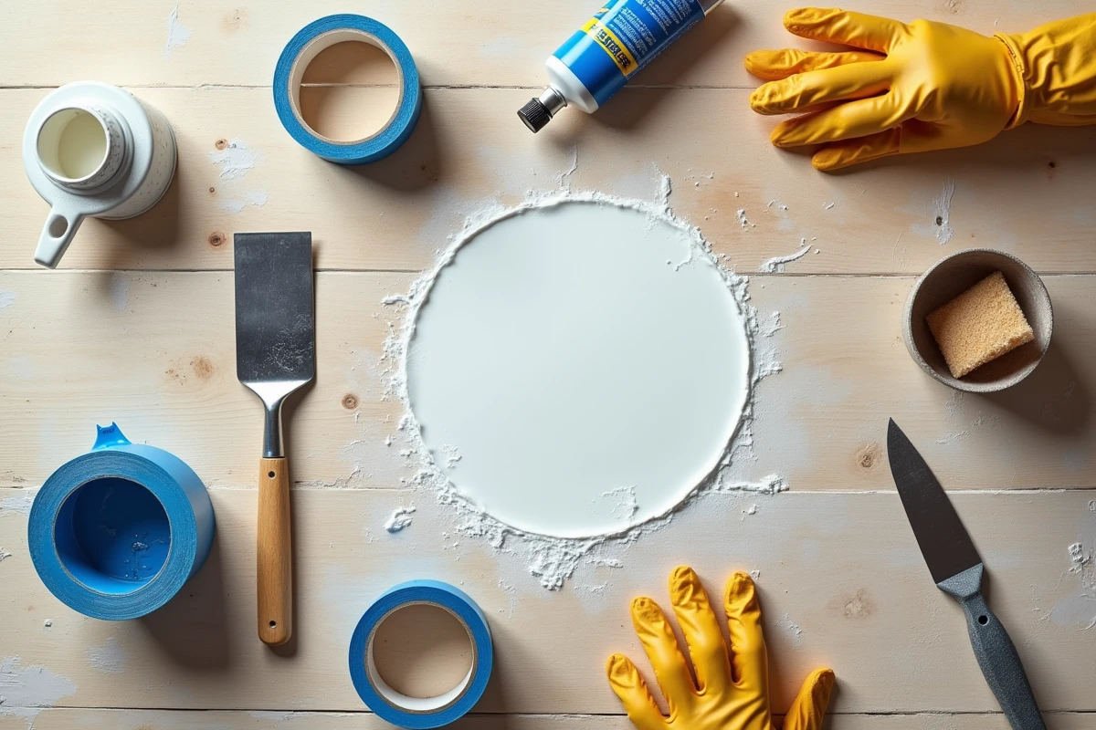 Vue en plongée des outils professionnels pour la pose de joint acrylique : tube de mastic, spatule, ruban de masquage et éponge sur un établi en bois