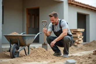 Ouvrier en tenue de chantier examine un tas de sable humide