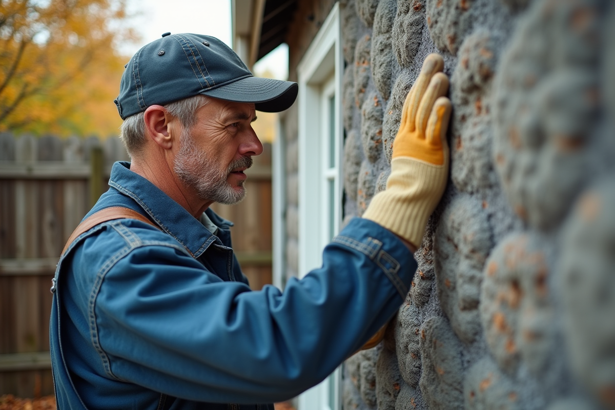 Ouvrier inspectant un panneau d'isolation extérieur d'une maison