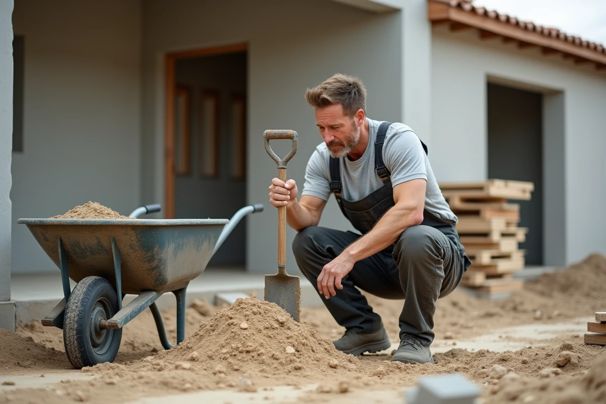 Ouvrier en tenue de chantier examine un tas de sable humide