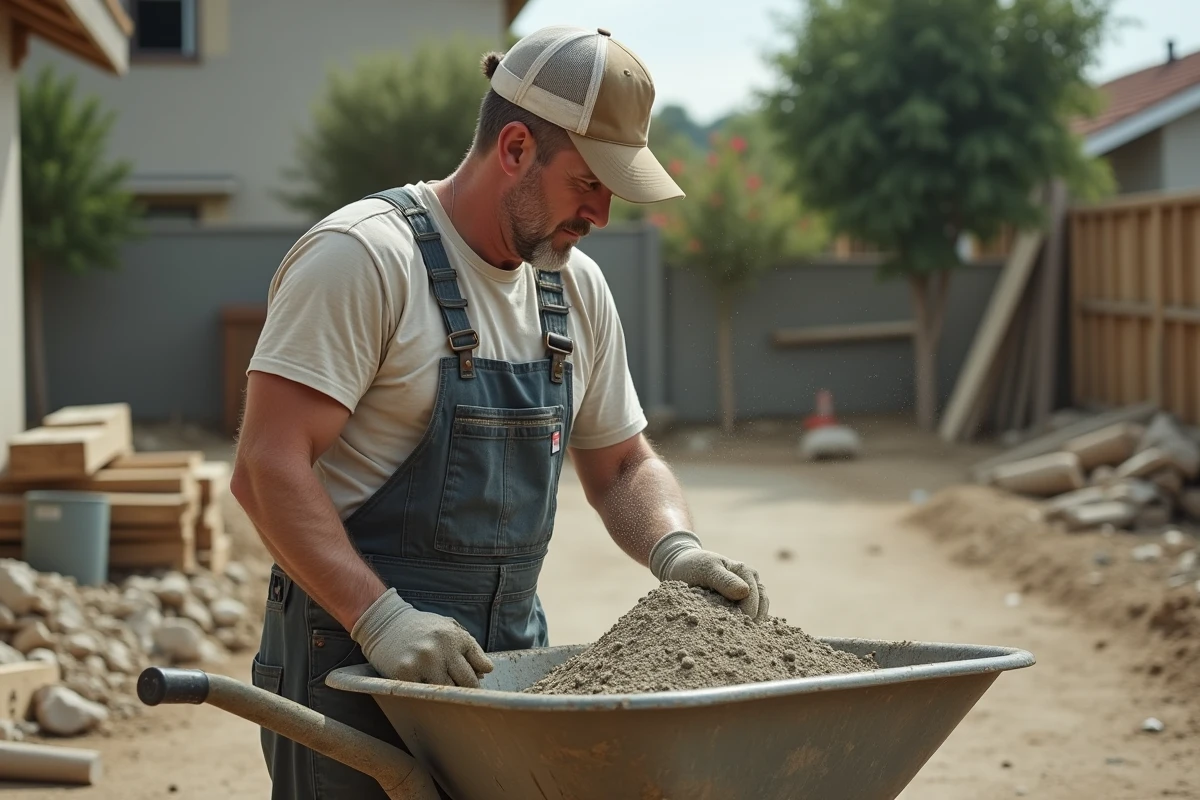 Ouvrier en tenue de chantier verse du gravier dans une brouette