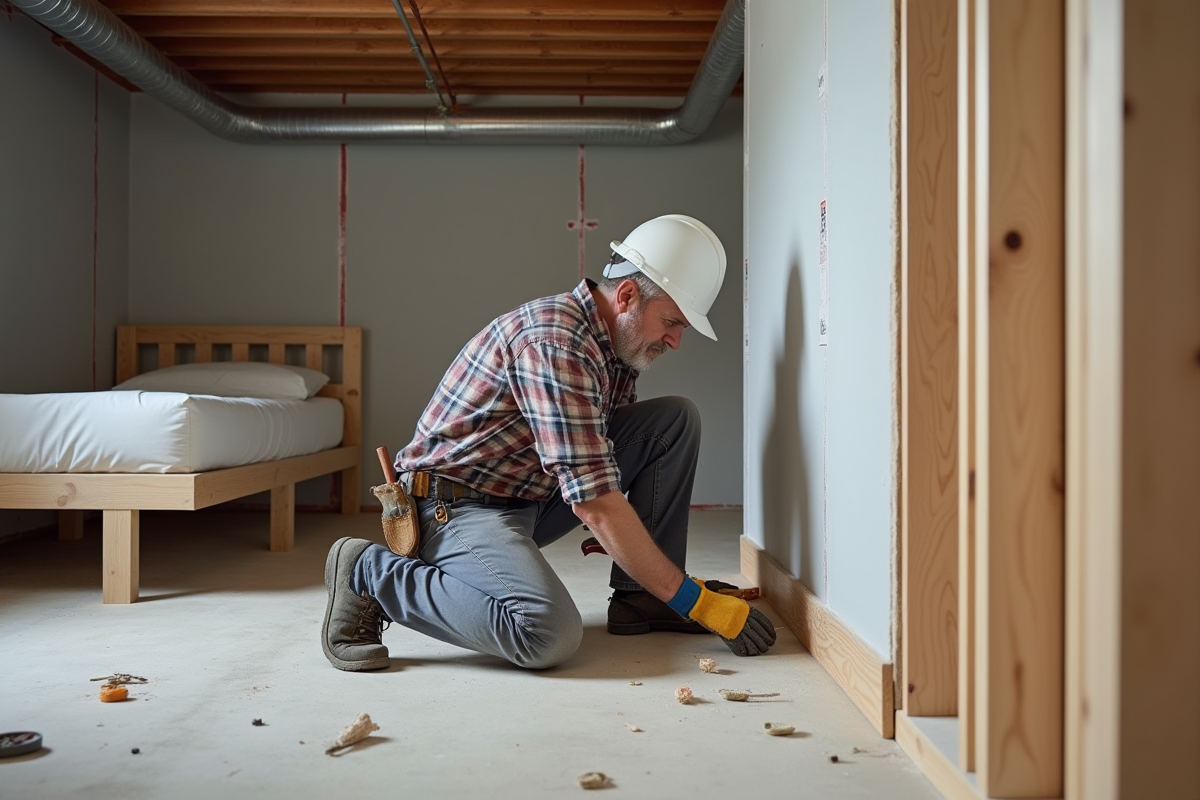 Ouvrier posant des plinthes en bois dans un sous-sol en travaux