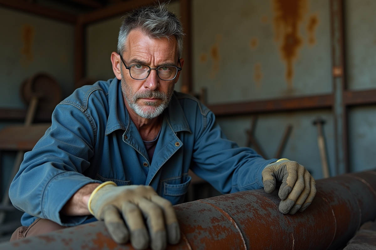 Ouvrier en uniforme examine un vieux tuyau en métal rouillé