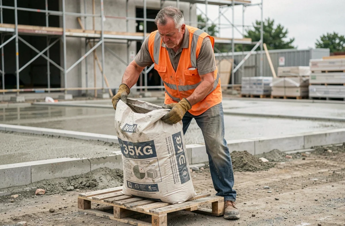 Ouvrier du bâtiment soulevant un sac de béton de 35kg sur un chantier de construction