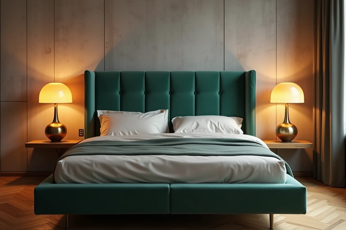 Deux lampes de chevet champignon dimmables assorties en laiton brossé de part et d'autre d'un lit double avec tête de lit velours vert
