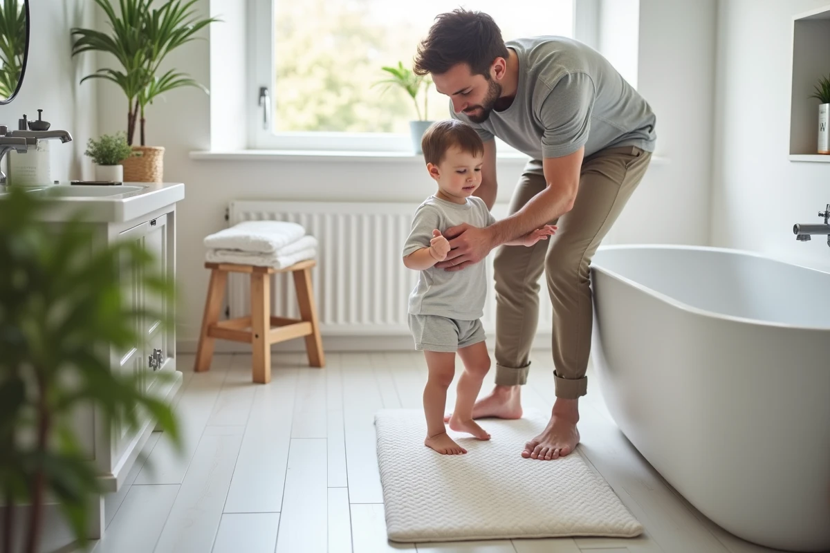 Père aidant son enfant à se tenir sur tapis de bain antidérapant