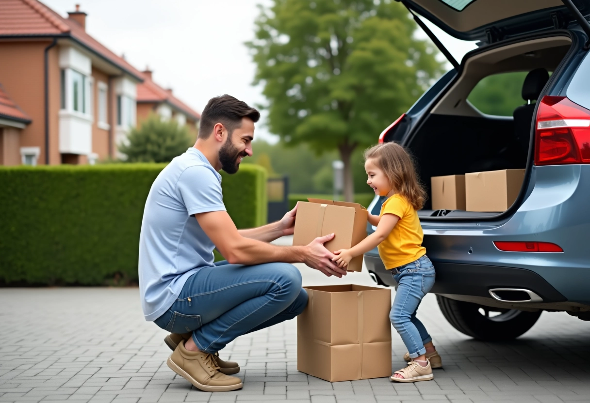 Père aidant sa fille à décharger des sacs de courses dans la cour