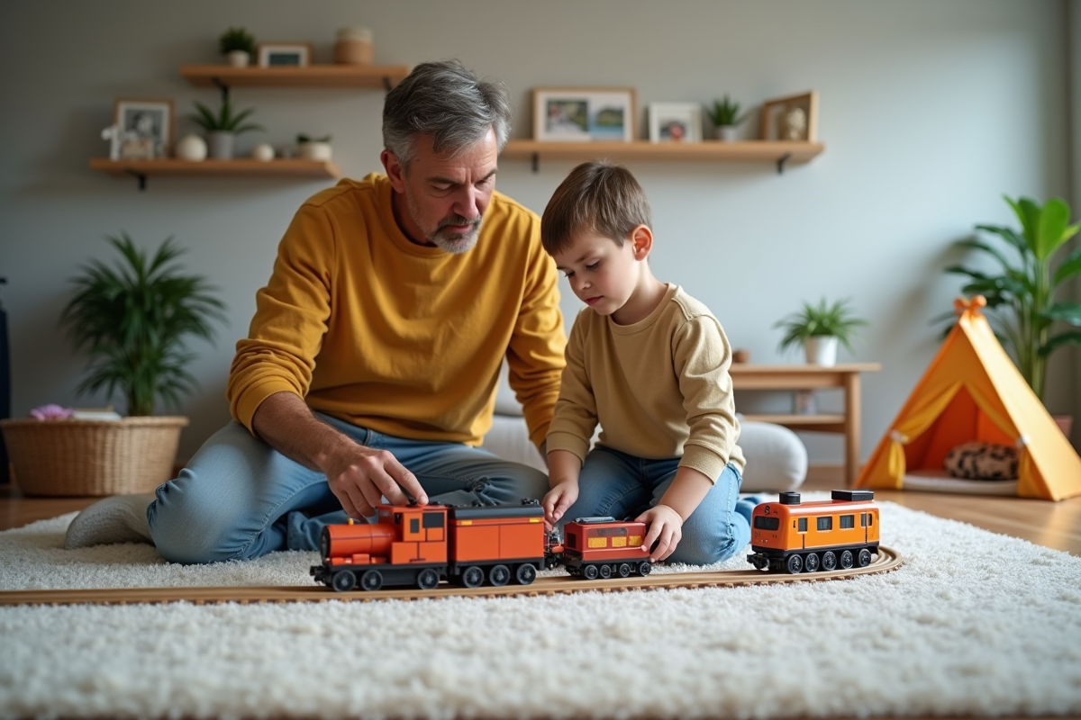 Père et fils construisant un train en bas