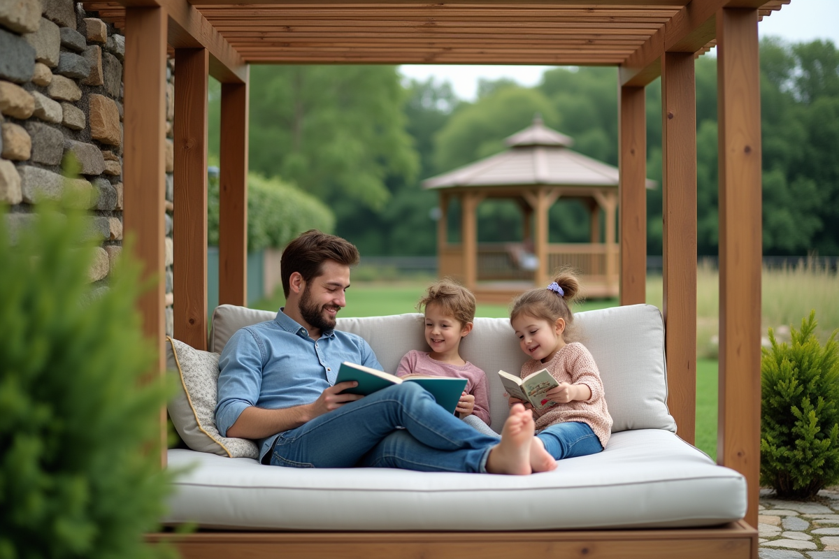 Jeune père lisant une histoire à ses enfants dans le jardin