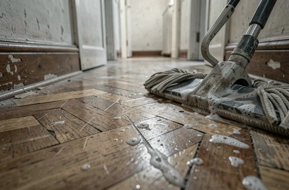 Gros plan sur un parquet en point de Hongrie abîmé par une utilisation incorrecte d'un balai lave-sol, avec résidus de savon et rayures visibles