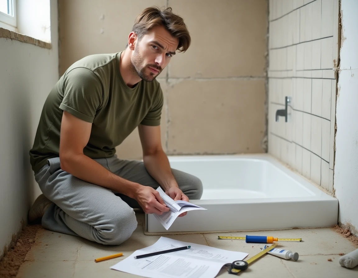 Particulier en pleine réflexion face à la pose d'un receveur de douche extra plat dans une salle de bain en rénovation