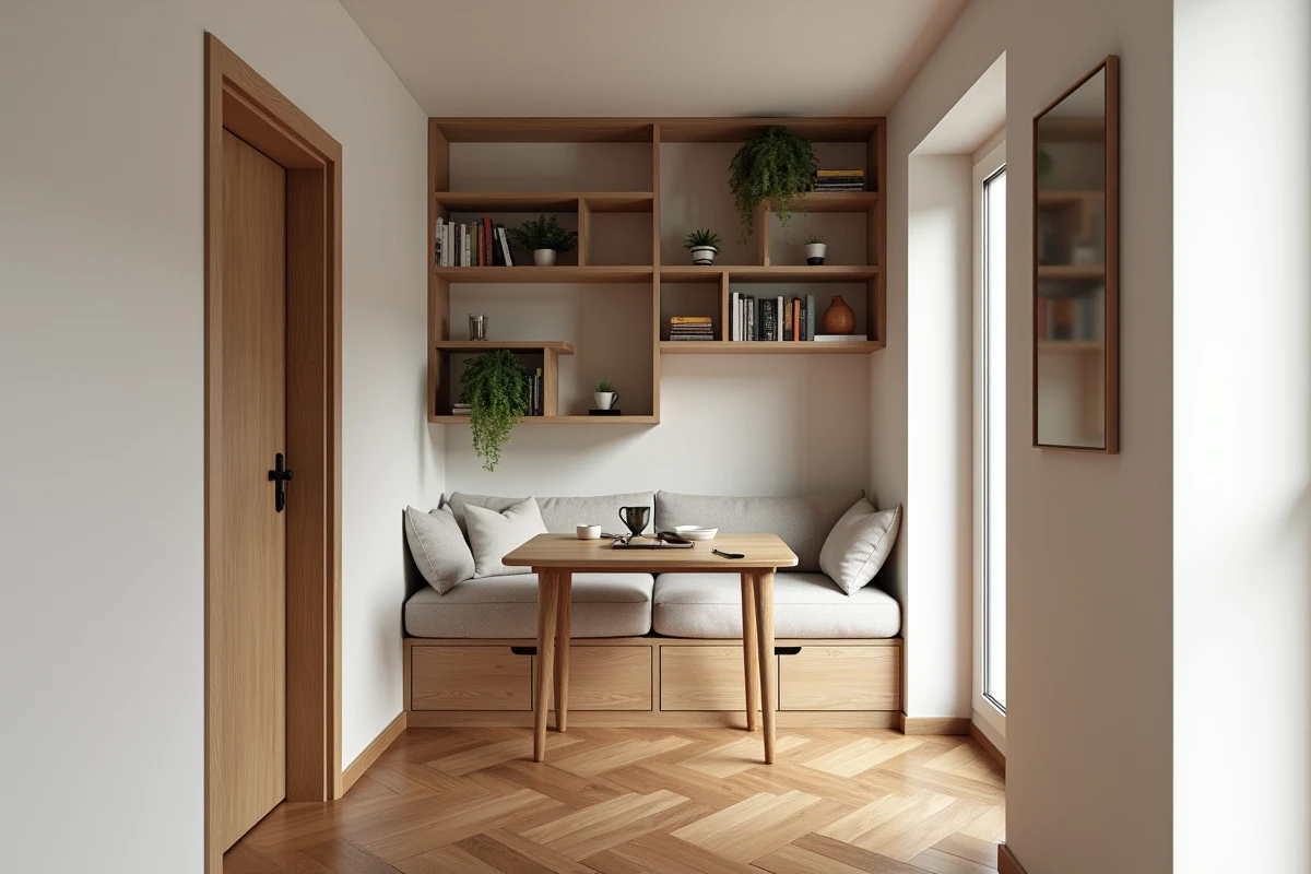 Petit salon optimisé avec bibliothèque intégrée, table pliante murale et parquet en chevrons dans un appartement urbain