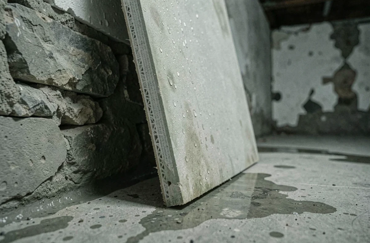 Détail d'une plaque de placo isolant en contact avec un mur humide montrant condensation et traces d'infiltration