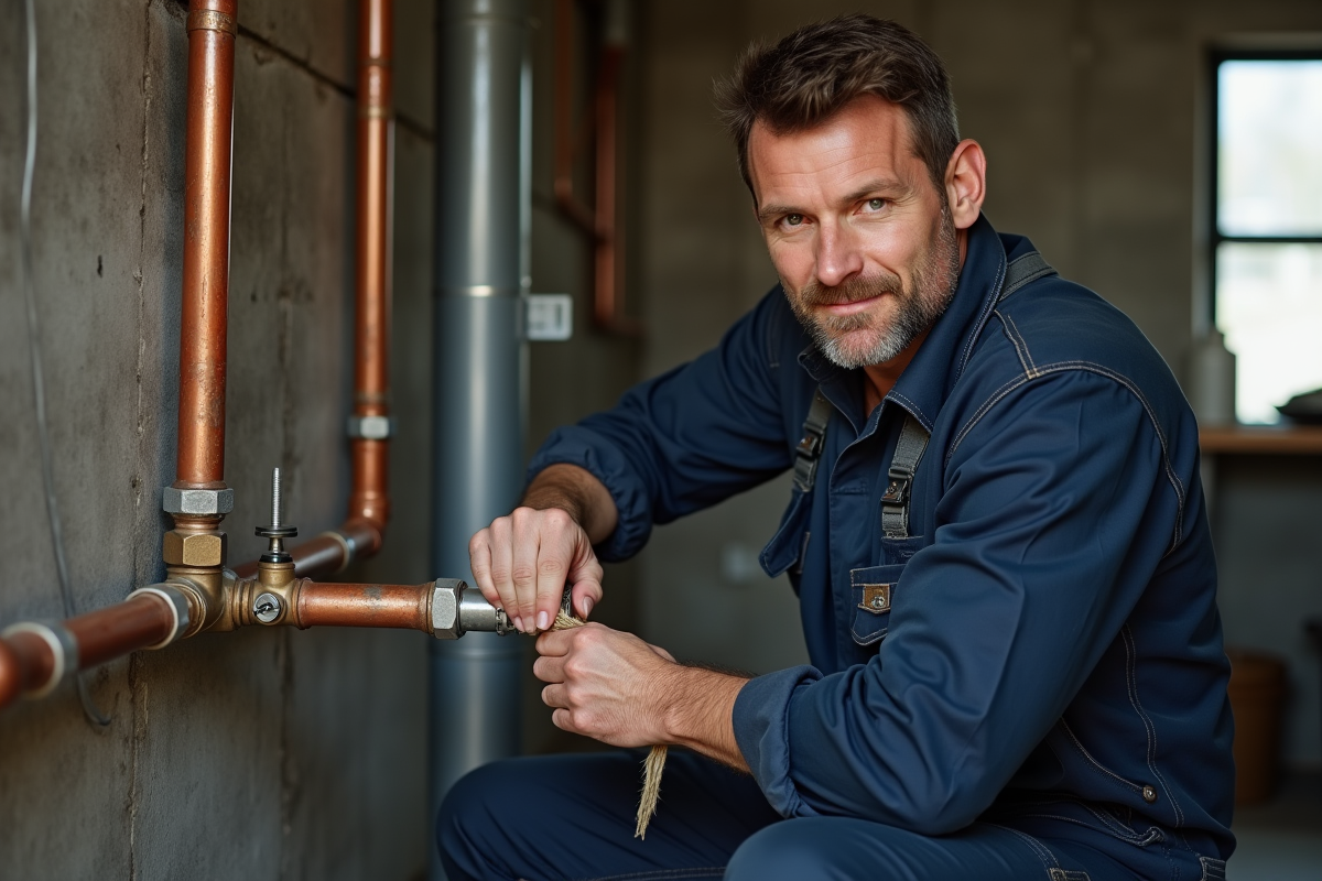 Plombier homme en overalls bleus en train d'enrouler de la fibre de lin