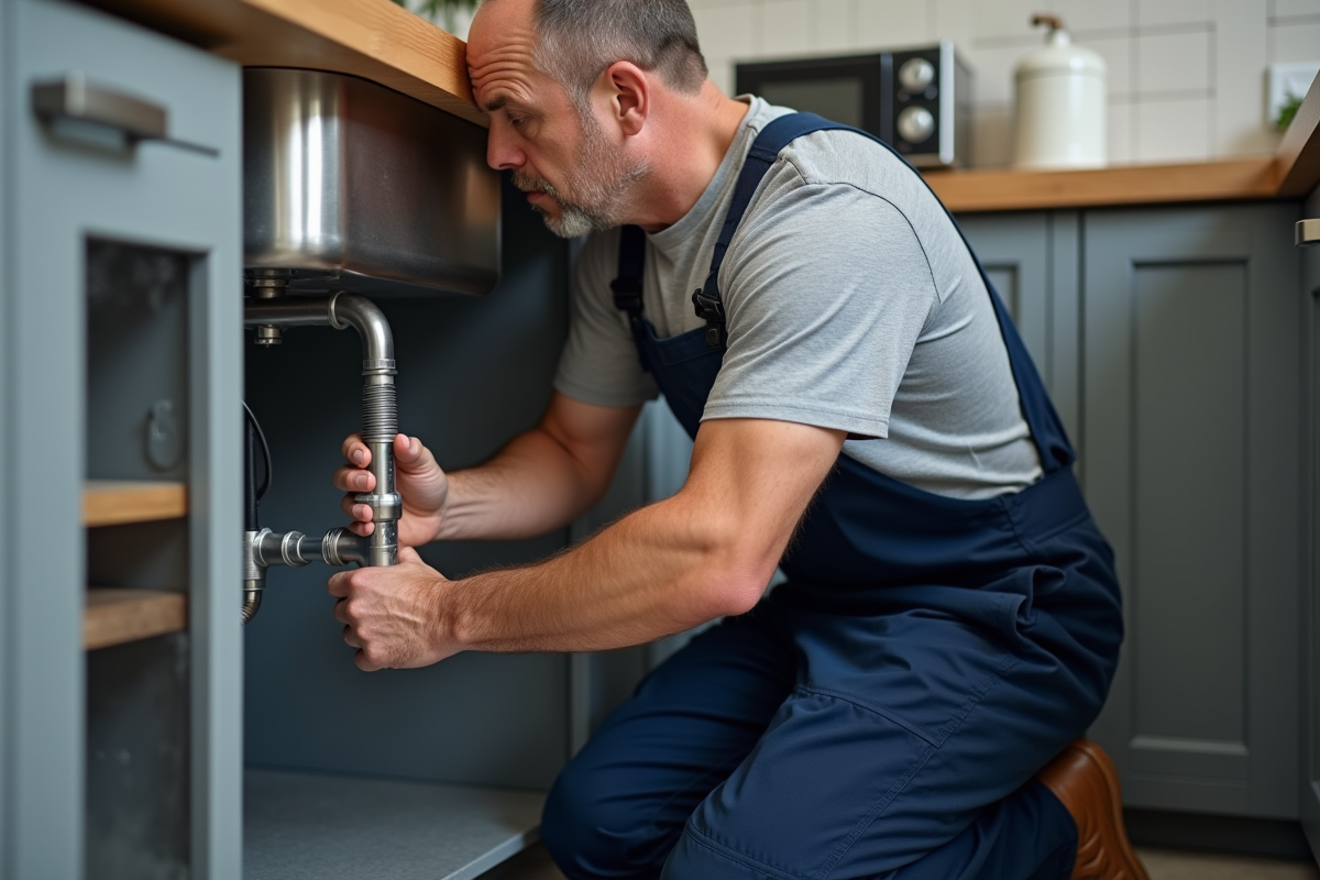 Plombier homme en action sous évier cuisine moderne
