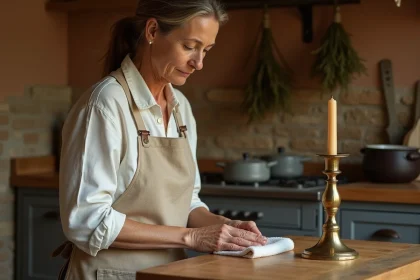 Femme polissant un chandelier en laiton avec un chiffon doux sur une table en bois rustique