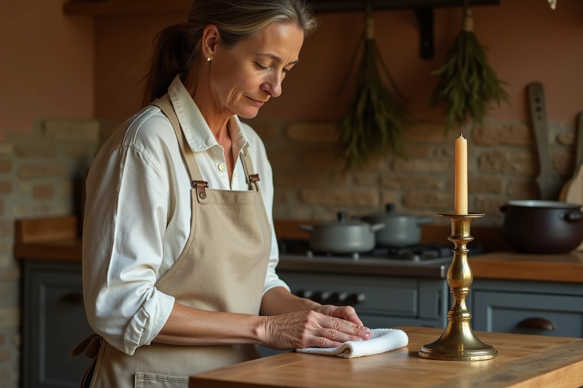 Femme polissant un chandelier en laiton avec un chiffon doux sur une table en bois rustique
