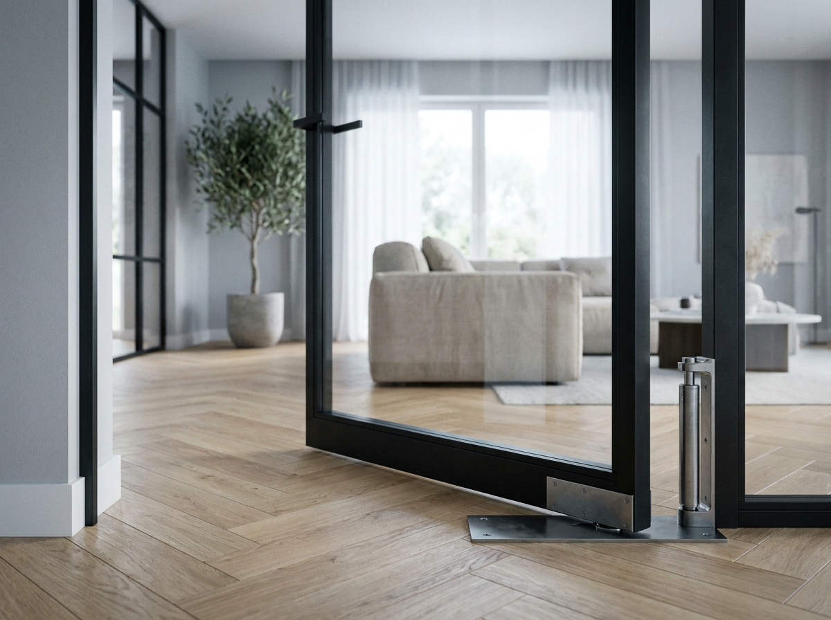 Porte battante design en acier noir et verre transparent en mouvement dans un salon scandinave contemporain avec parquet en chevrons et décoration minimaliste