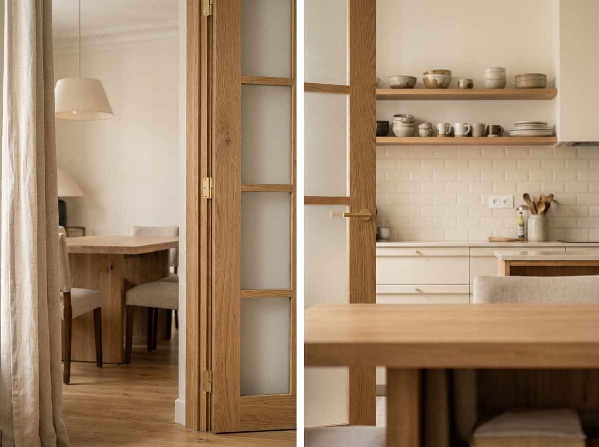 Porte battante en bois de chêne avec panneaux en verre dépoli installée entre une cuisine moderne et une salle à manger, quincaillerie en laiton et cadre naturel élégant