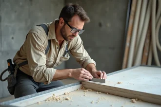 Ouvrier du bâtiment mesurant et découpant une bande de placo sur un chantier de rénovation intérieure