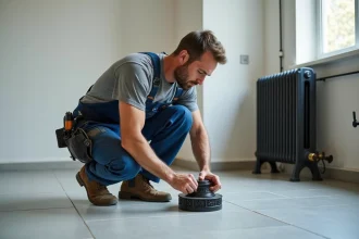 Pose d'un pied en fonte pour radiateur sur carrelage gris par un artisan expérimenté