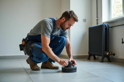 Pose d'un pied en fonte pour radiateur sur carrelage gris par un artisan expérimenté