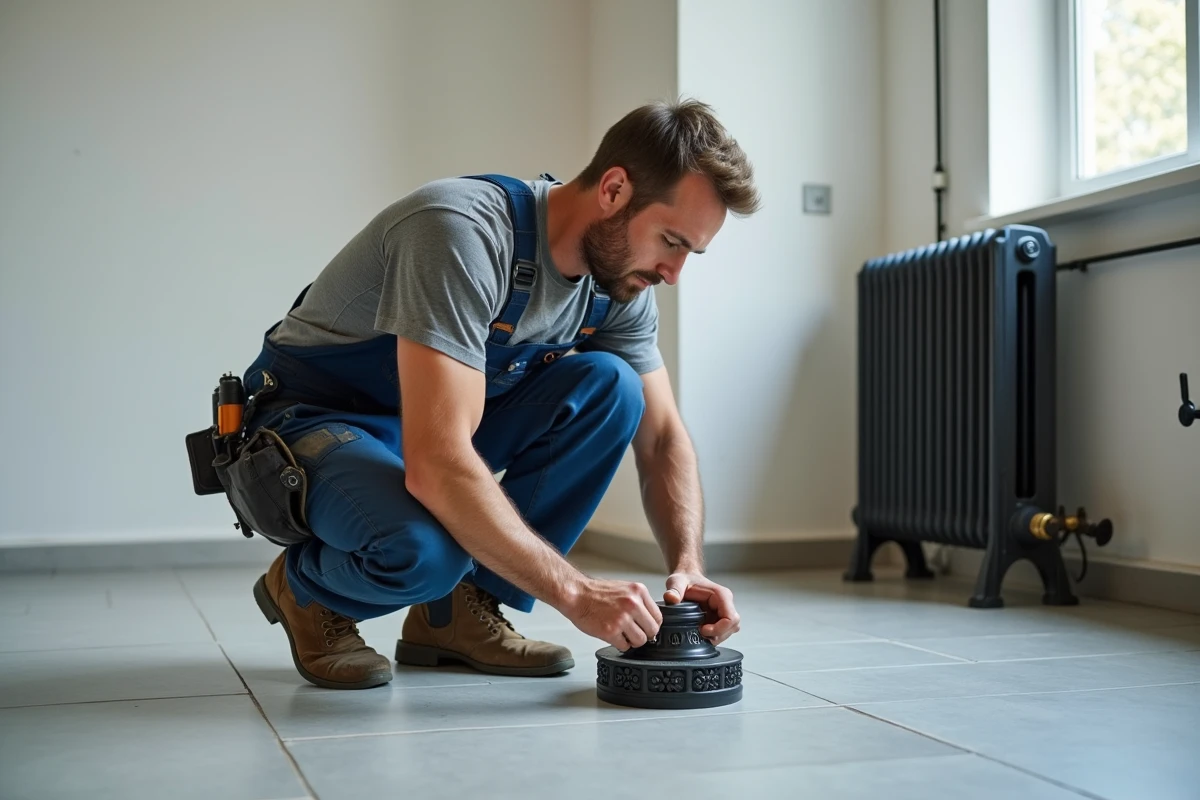 Pose d'un pied en fonte pour radiateur sur carrelage gris par un artisan expérimenté