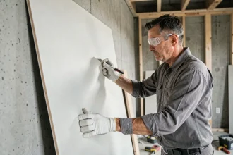 Ouvrier posant une plaque de placo isolant thermique contre un mur en béton brut dans une pièce en chantier