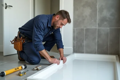 Plombier professionnel posant un receveur de douche extra plat dans une salle de bain moderne carrelée