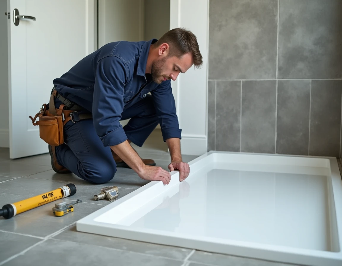 Plombier professionnel posant un receveur de douche extra plat dans une salle de bain moderne carrelée