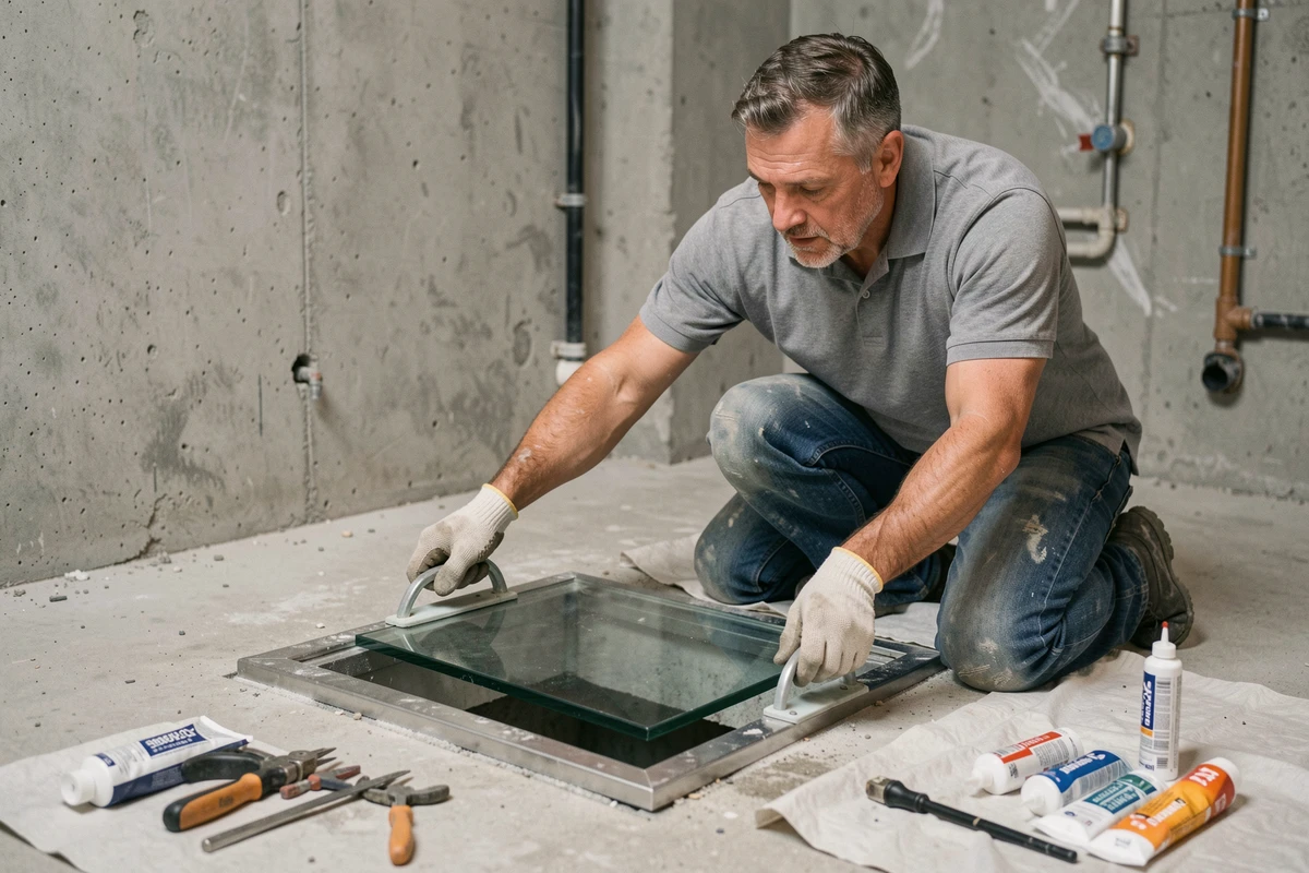 Installateur posant une trappe en verre trempé avec ventouses sur cadre inox dans un sol en béton lors d'une rénovation