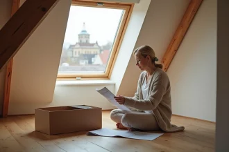 Femme lisant instructions de pose de fenêtre de toit dans un grenier