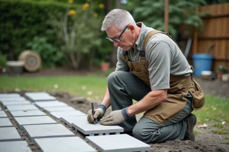Homme en tenue de travail examine une terrasse en pavés neufs
