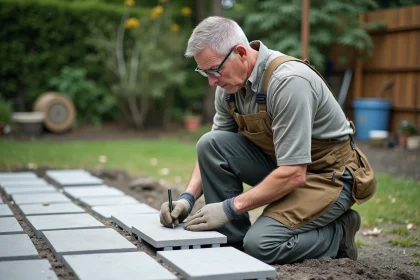 Homme en tenue de travail examine une terrasse en pav&eacute;s neufs