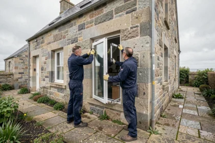 Poseurs de fenêtres installant un châssis PVC sur une maison bretonne en pierre dans le Finistère