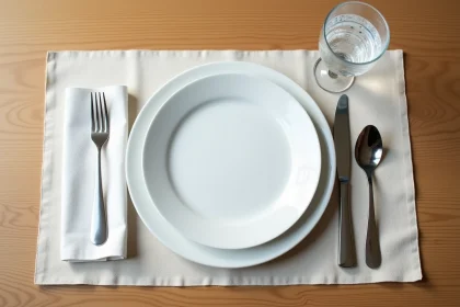 Vue de dessus d'un couvert de table bien dressé avec positionnement précis du verre à eau en haut à droite de l'assiette