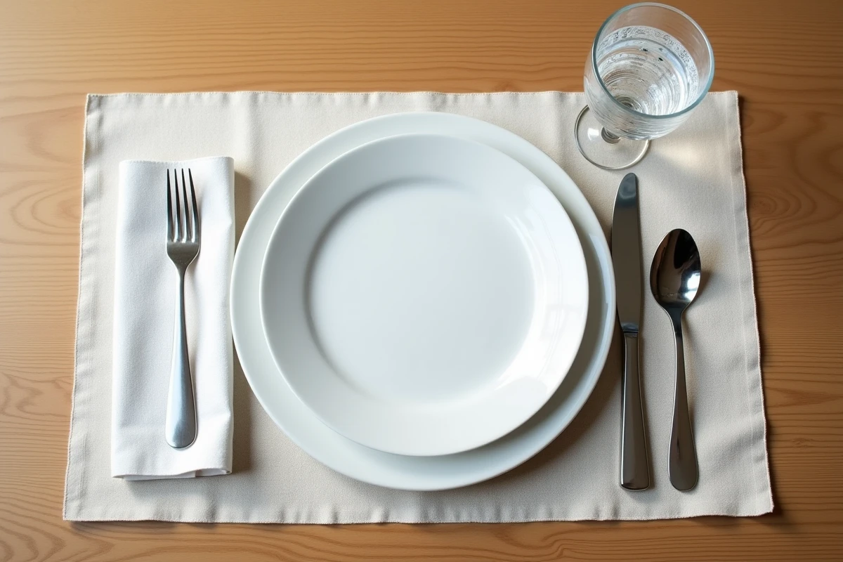 Vue de dessus d'un couvert de table bien dressé avec positionnement précis du verre à eau en haut à droite de l'assiette