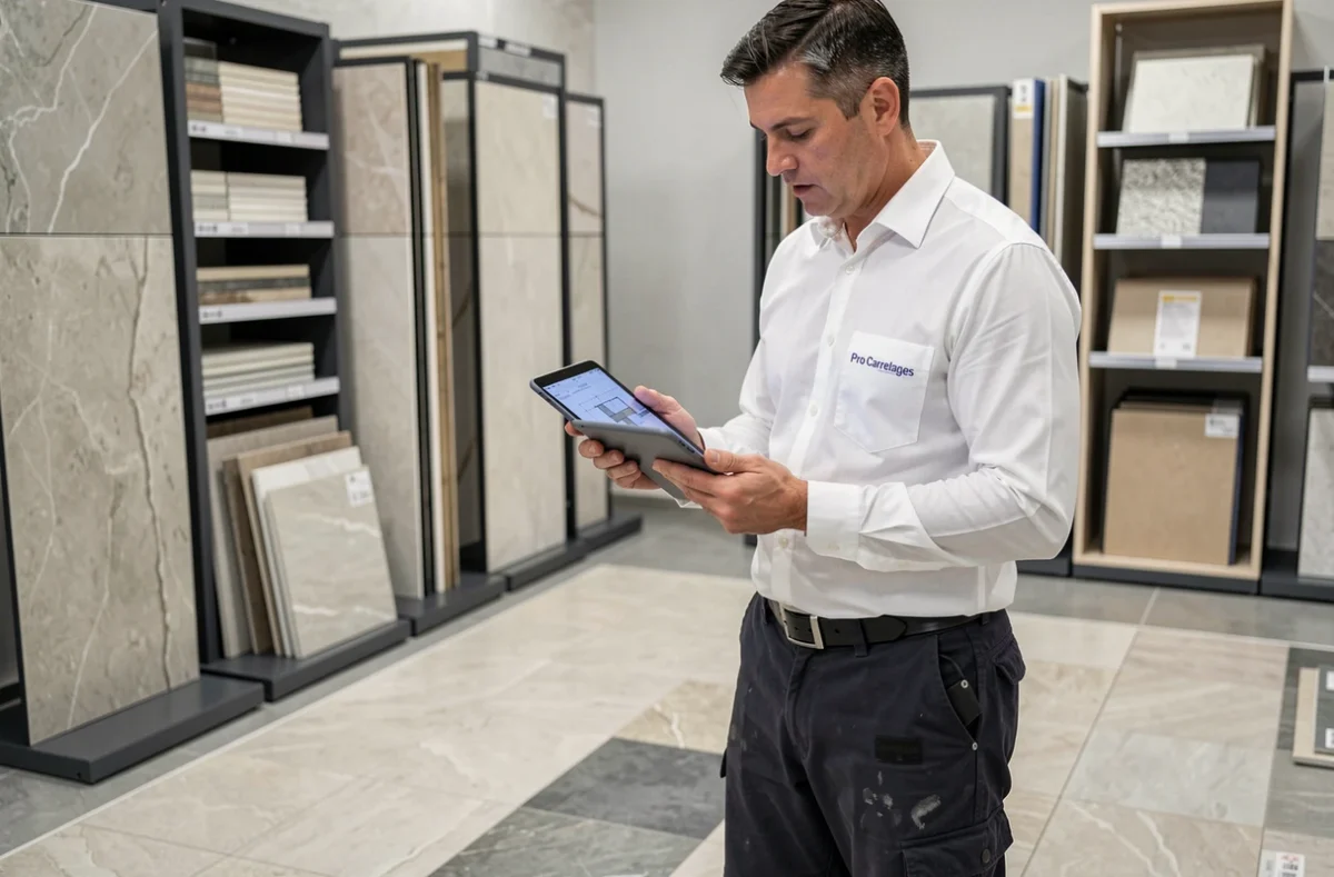 Entrepreneur de Pro Carrelages consultant un plan de pose sur tablette dans un showroom de l'Hérault